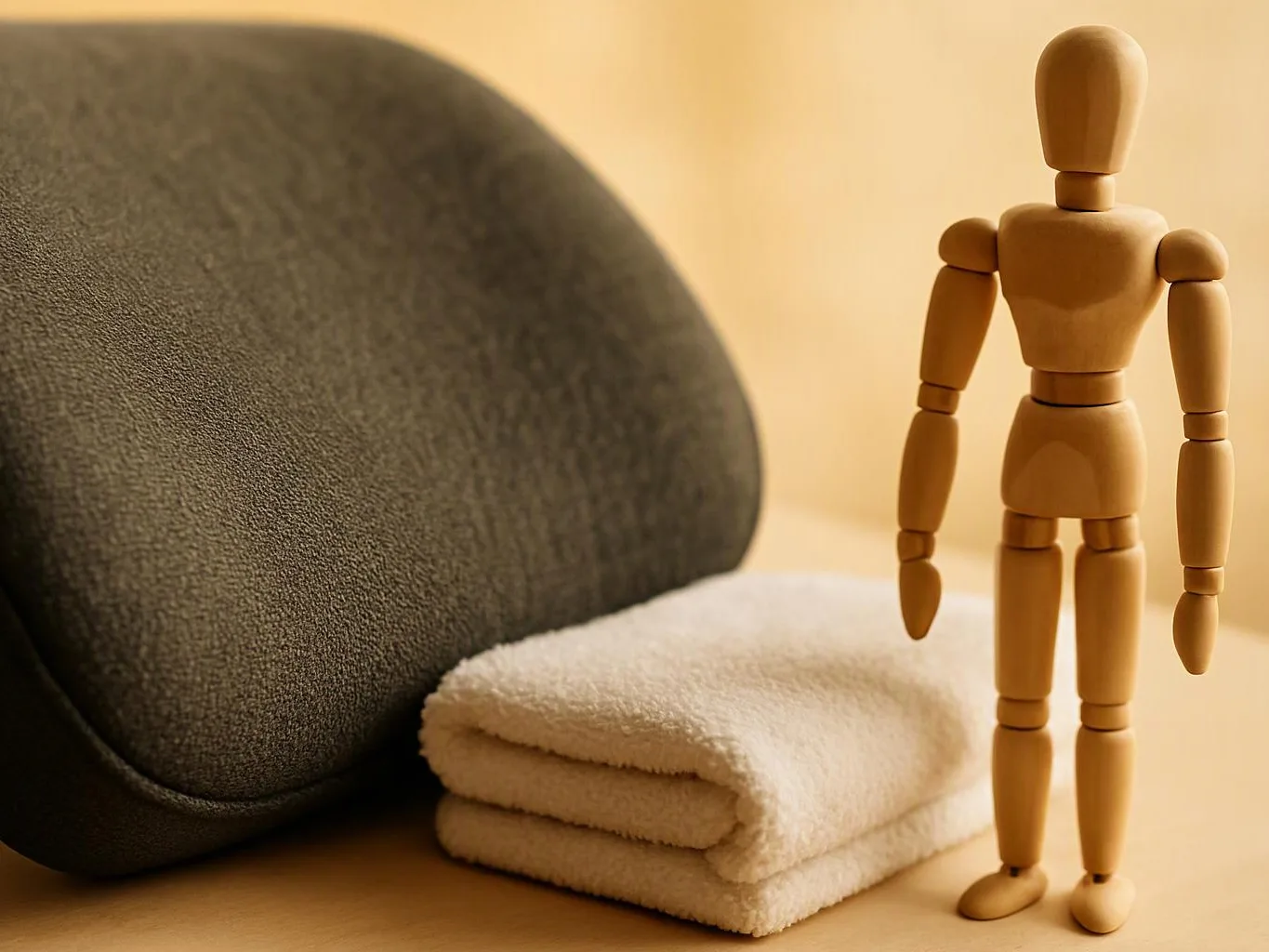A wooden mannequin stands beside a folded white towel and a dark cushion on a warm surface