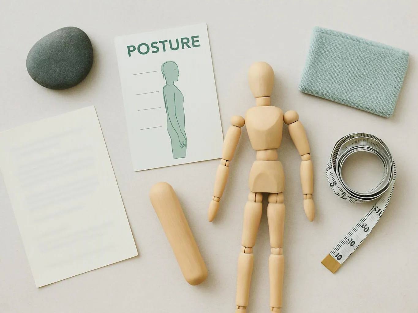 A wooden pose doll sits beside a posture card, measuring tape, folded cloth, stone, and blank papers on a light surface