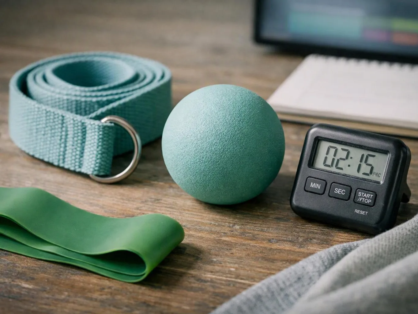 Yoga props, a foam ball, and a digital timer rest on a wooden table