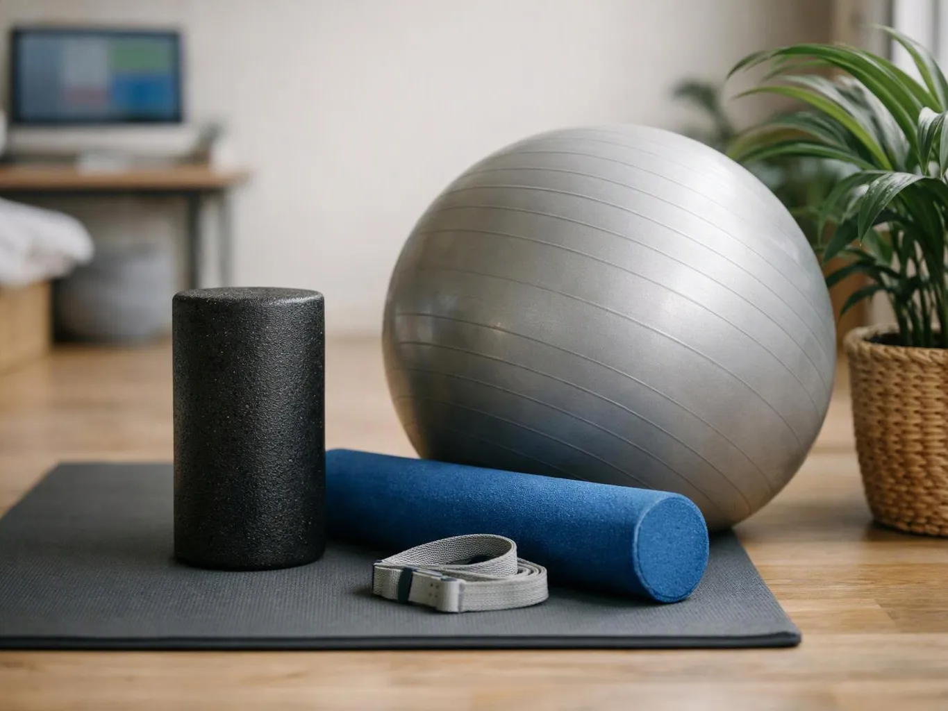 Yoga props, including a stability ball, foam rollers, and a strap, rest on a mat in a bright room